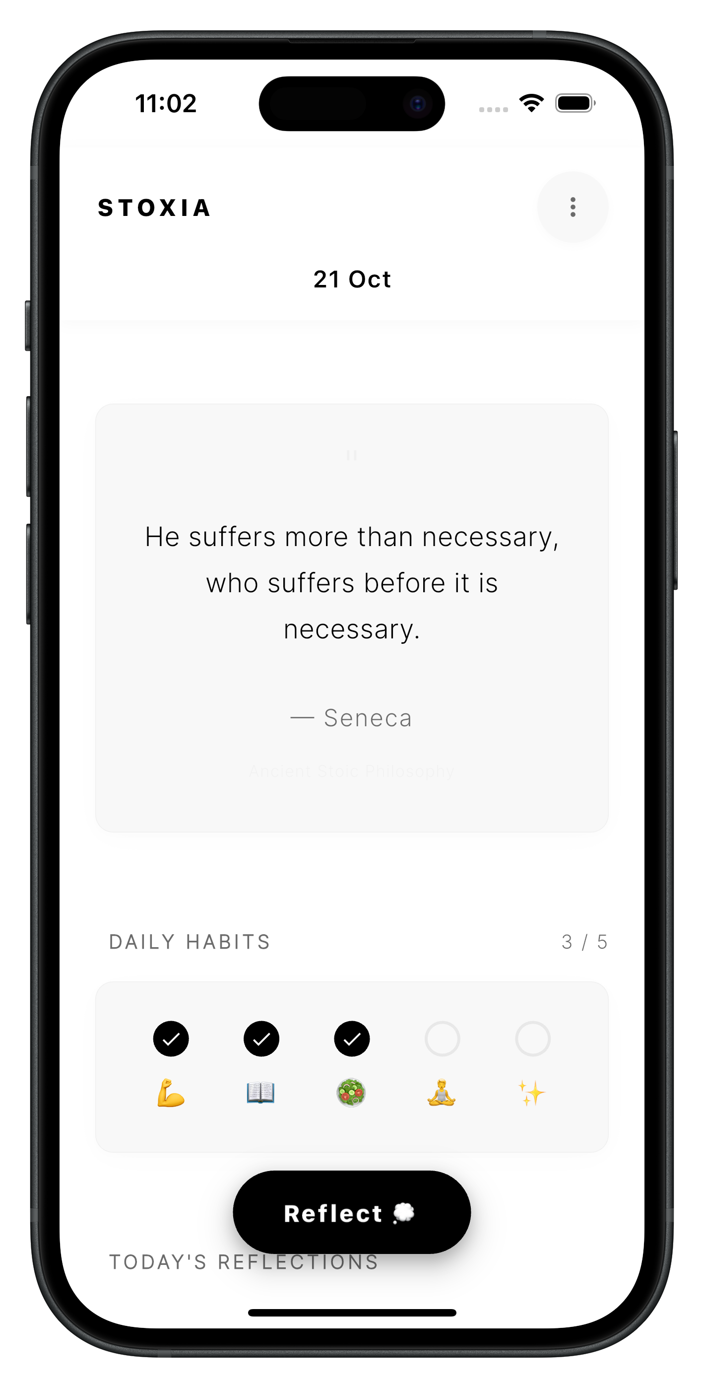 Stoxia home screen with daily Stoic quote and habit tracker